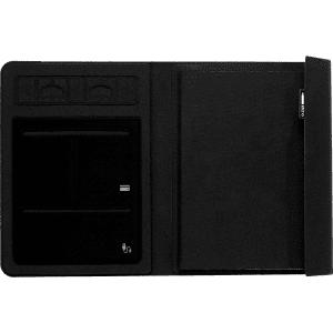 A5 RPET folio notebook in black, featuring a textured cover and an inner pocket for organisation. Includes a logo.