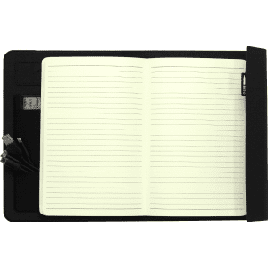 A5 RPET folio notebook in black featuring lined pages, a pen holder, and compartments for accessories.