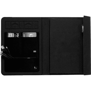 A5 RPET folio notebook in black featuring card slots, cable storage, and a notepad compartment.