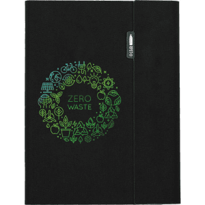 A5 RPET folio notebook in black featuring a green circular design and a logo on the side.