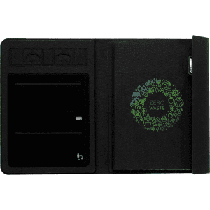 A5 RPET folio notebook in black with a vibrant green circular design, featuring an inner pocket and a slot for a USB.