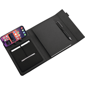 A5 RPET folio notebook in black, featuring a pen, card slots, and a space for a mobile phone.