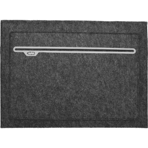 A grey felt laptop sleeve with a sleek design and a subtle zipper. Features a branding logo.