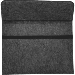 A grey felt laptop sleeve with a black strap and an interior pocket, featuring a branding logo.