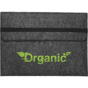 A grey felt laptop sleeve with a black elastic closure and a green logo featuring leaves.