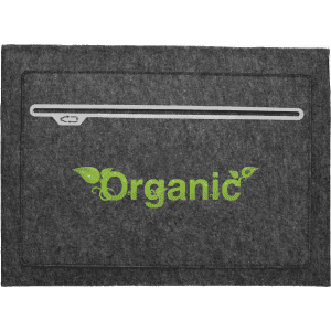 A grey felt laptop sleeve featuring a front pocket and a logo. Suitable for a 15" laptop.