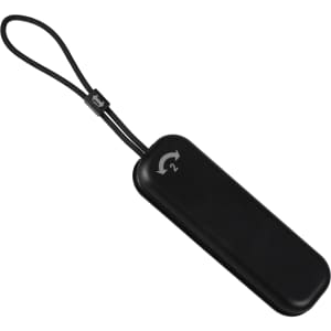 A black foldable charging cable with a wrist strap, featuring a sleek design and a logo.