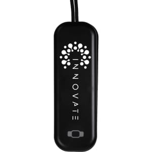 A black charging cable with a compact design and a logo. It features multiple charging options for devices.
