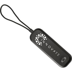 A black portable device with a lanyard and a logo. It has a sleek, rectangular shape.