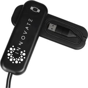 A black foldable charging cable with a USB connector neatly stored inside a case, featuring a logo.