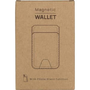 A brown cardboard box featuring a magnetic wallet design with a phone stand function. The box includes a logo.