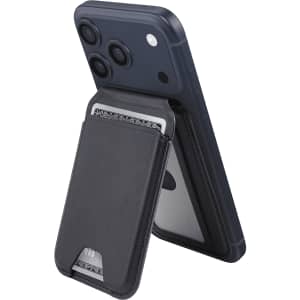 A magnetic wallet in black, attached to a navy phone, featuring a phone stand and storage for cards.