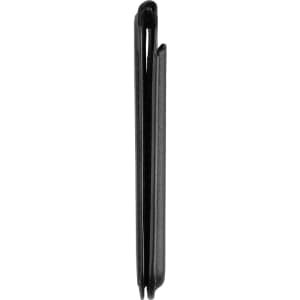 A black magnetic wallet with a slim profile, designed to hold cards and function as a phone stand.