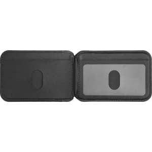 A black magnetic wallet with a built-in phone stand, featuring an inner section for cards.