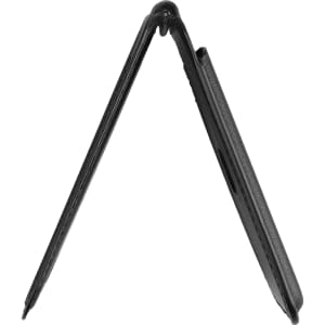 A black magnetic wallet with a phone stand feature, positioned at an angle to display its shape and functionality.