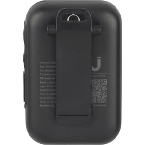 A compact black Bluetooth speaker featuring a magnetic clip on the back for attachment and a logo on the side.