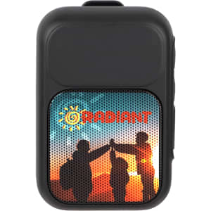 A black Bluetooth speaker featuring a colourful graphic with silhouettes of three people against a sunset background.