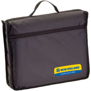 A black picnic rug in a carry bag, featuring a logo on the front and a zip closure.