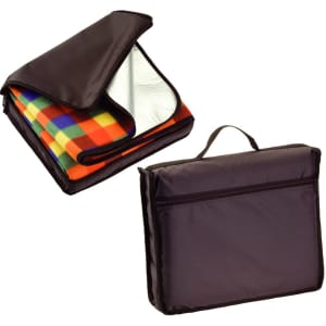 A picnic rug in a carry bag, featuring a colourful checked pattern and a dark brown exterior with a handle.