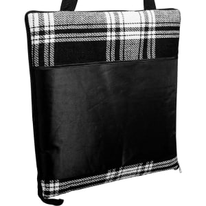 A picnic rug featuring a black and white checkered pattern with a black backing and a front pocket.
