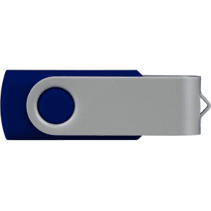 A blue and silver USB flash drive with a swivel cap, featuring a branding logo. It has a storage capacity of 16GB.