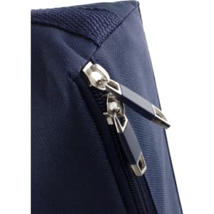 A navy blue zipper close-up on a textured fabric, featuring silver metal zipper pulls and a stitching detail.