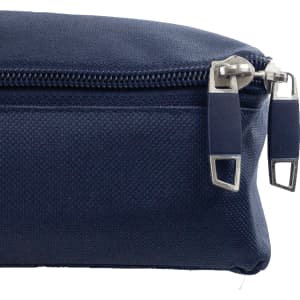 A navy blue zippered pouch with silver zippers and a textured fabric finish. It has a streamlined design.