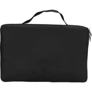 A black, zipped carrying case with a handle, featuring a smooth, flat exterior. It includes a logo.