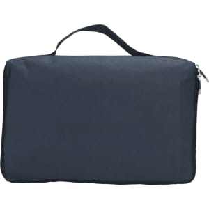 A black picnic rug with waterproof backing, featuring a zippered closure and a carrying handle.