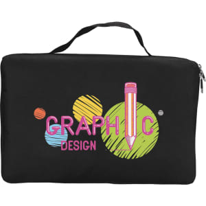 A black zippered case featuring colourful graphic design elements, including a pencil and circular patterns.