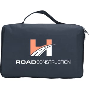 A black zippered bag featuring a logo with orange and white accents, ideal for carrying items.