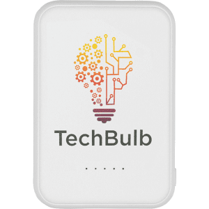 A white power bank with a colourful light bulb graphic and branding. Features a slim design for portability.
