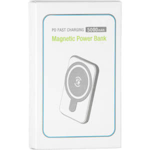 A white box containing a magnetic power bank, featuring a simple design and a basic illustration.