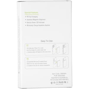 A white box containing the Magnetic Power Bank 5000 mAh, featuring fast charging and a battery level indicator.