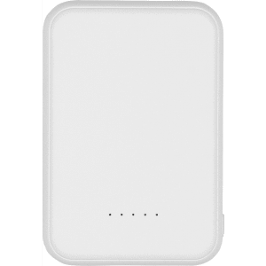 A white magnetic power bank with a sleek design and four indicator lights. It has a branding logo on the surface.