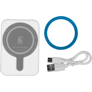 A white magnetic power bank with a grey centre, a blue ring, and a white USB-C cable beside it.
