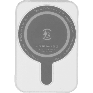 A white magnetic power bank with a circular design, featuring a Type C port and wireless charging capability.