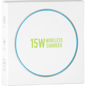 A white box containing a wireless charger with a circular design and a light blue rim. The box features branding.