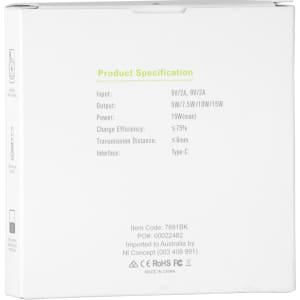 A white box containing product specifications for a QI Wireless Charger, featuring various inputs and outputs.
