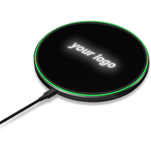 A black wireless charger with a green accent and a logo displayed on top.