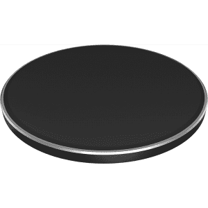 A round black QI wireless charger with a sleek design and a silver edge.