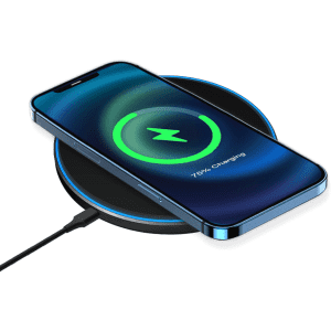 A wireless charger with a black base and blue rim, featuring a smartphone displaying a charging indicator.