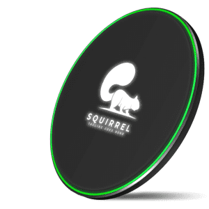 A black wireless charger with a green LED ring and a logo. It features a smooth surface.