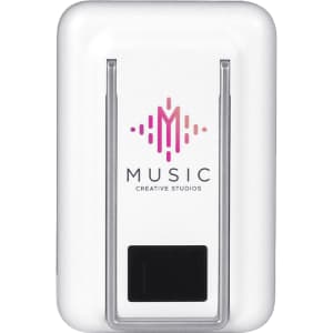 A white magnetic power bank with a transparent phone stand and a logo on the surface.