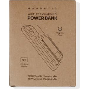 A brown cardboard box featuring a magnetic wireless power bank with a phone stand. The box includes an LED digital display.
