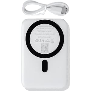 A white magnetic power bank with a phone stand, featuring a USB cable and a logo on the surface.