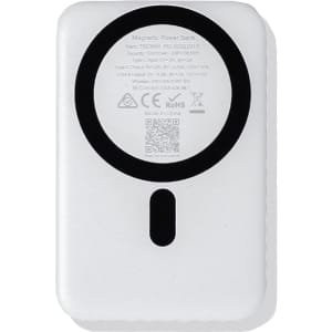 A white magnetic power bank with a circular design and a charging port on one side. It has a branding logo.