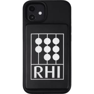 A black power bank with a magnetic back and a logo on the surface, featuring a sleek design.