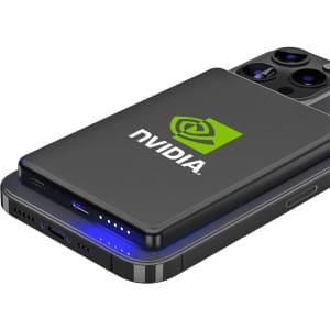A slim black metal power bank with a logo, positioned on a smartphone, featuring blue LED indicators.