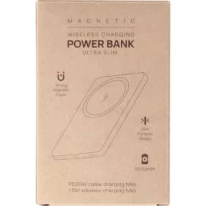 A slim, beige magnetic power bank with a wireless charging feature and a capacity of 5000 mAh.